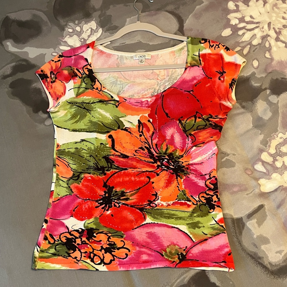 Cache Colorful Floral Short Sleeve Top